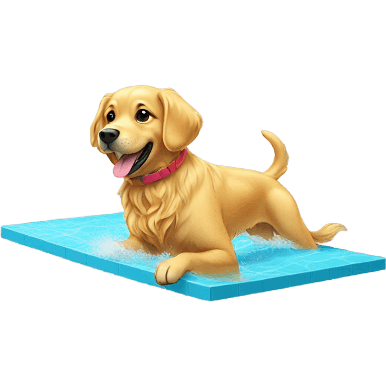 Golden retriever in a bathing suit diving off a platform emoji