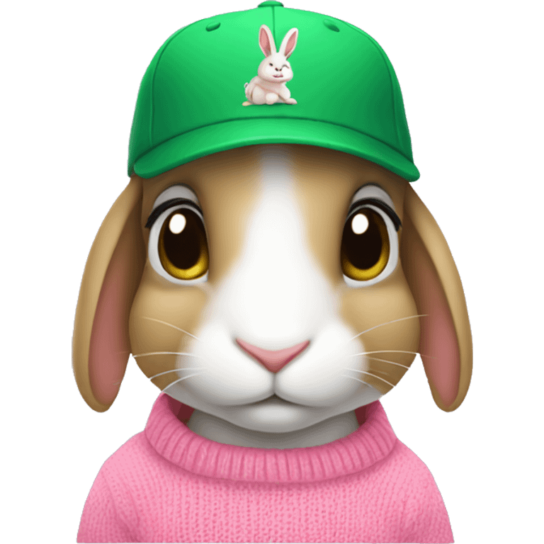 Rabbit is sitting wearing pink sweater and green baseball cap emoji