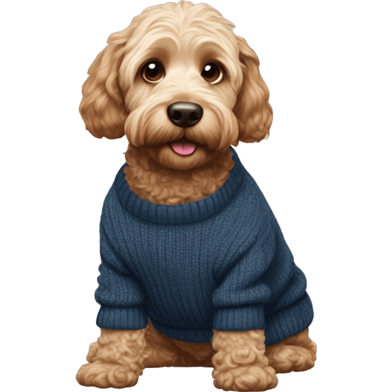 Cockapoo wearing jumper with ‘M’ on it emoji