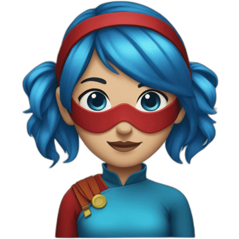 Girl with blue hair , blue eyes , red mask , and red costume , and two pony tails  emoji