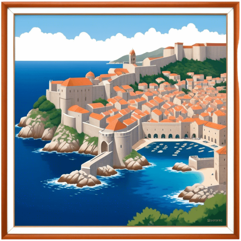 Cinematic Realistic Dubrovnik Landmark Emoji, showcasing the historic walled city with its terracotta rooftops, stone fortifications, and the deep blue Adriatic Sea stretching beyond. emoji