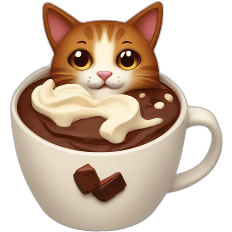 Brown cat as cream brownie dessert in a cup with sht emoji on the right emoji