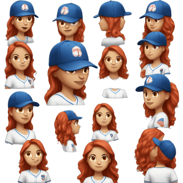 front facing, standing female coach with long red hair, wearing a white t-shirt and a simple blue baseball hat emoji