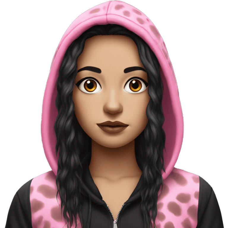 Hyperrealistic white girl with long black hair with a pink fringe and has eye makeup on, she is wearing a black and leopard print hoodie  emoji