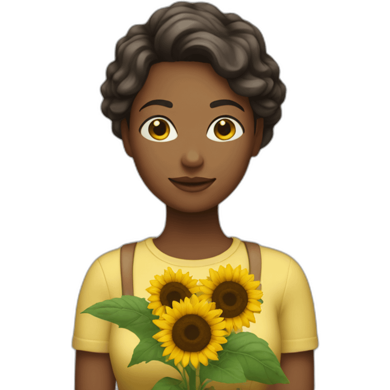 White brunet woman holding a sunflower emoji