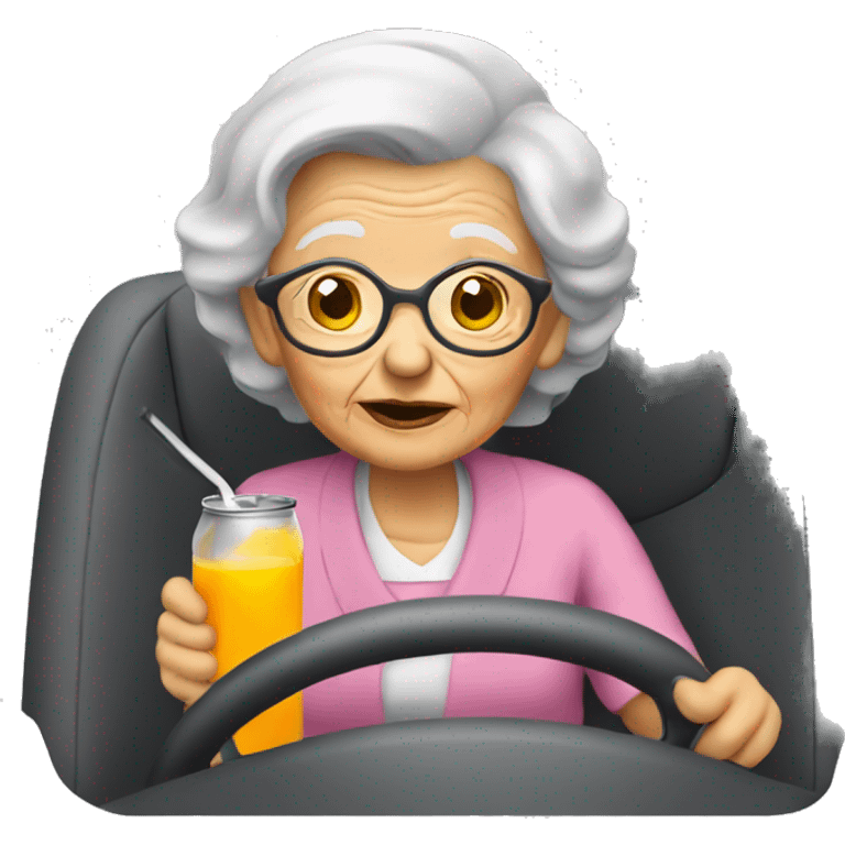 A old woman driving while drinking a can of juice emoji