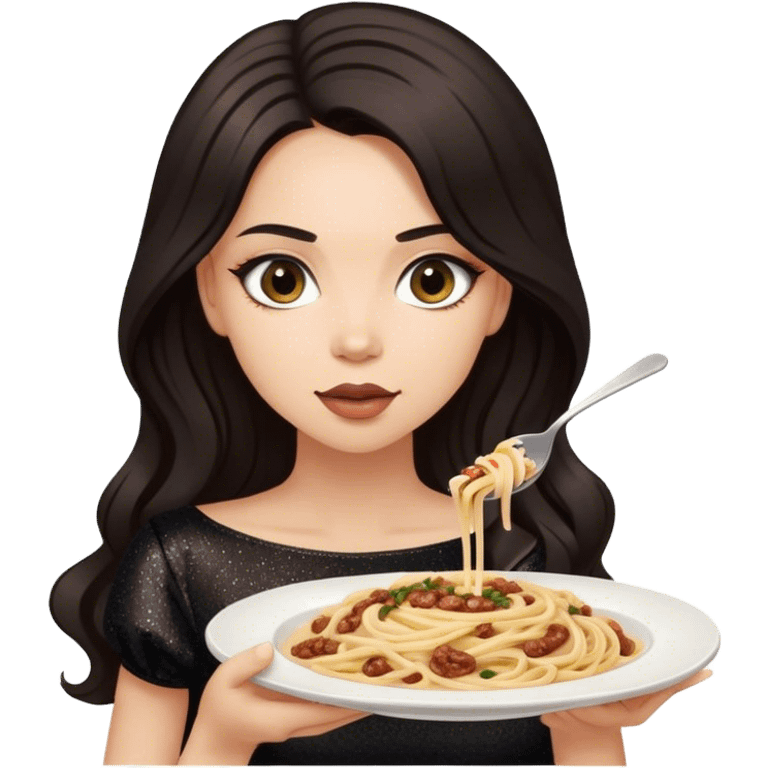 Beautiful woman in 1950’s woman fashion look, black shimmery dress, long dark brown hair, Carbonara emoji