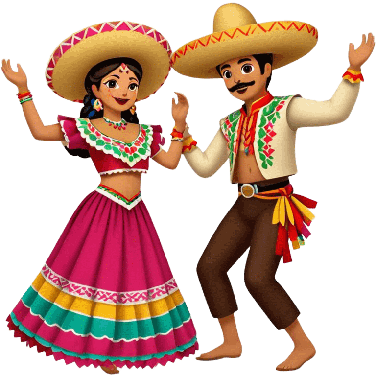 Cinematic Realistic scene of two performers dancing the Jarabe Tapatío, dressed in colorful traditional Mexican costumes with intricate embroidery, captured in energetic, festive motion with vibrant, celebratory lighting emoji