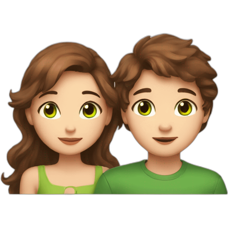 Girl with brown eyes and brown hair kisses boy with brown hair and green eyes and hugs brown fat cats emoji