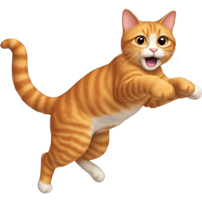 The ginger cat jumps to the right, tail up, paws forward. emoji