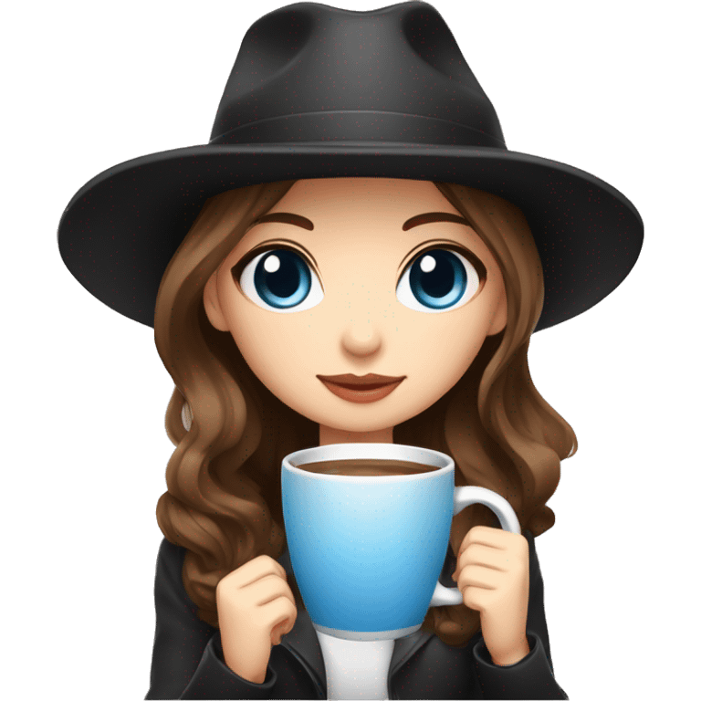 A girl with brown hair with blue eyes in a black panama hat holds a mug.chibi style emoji