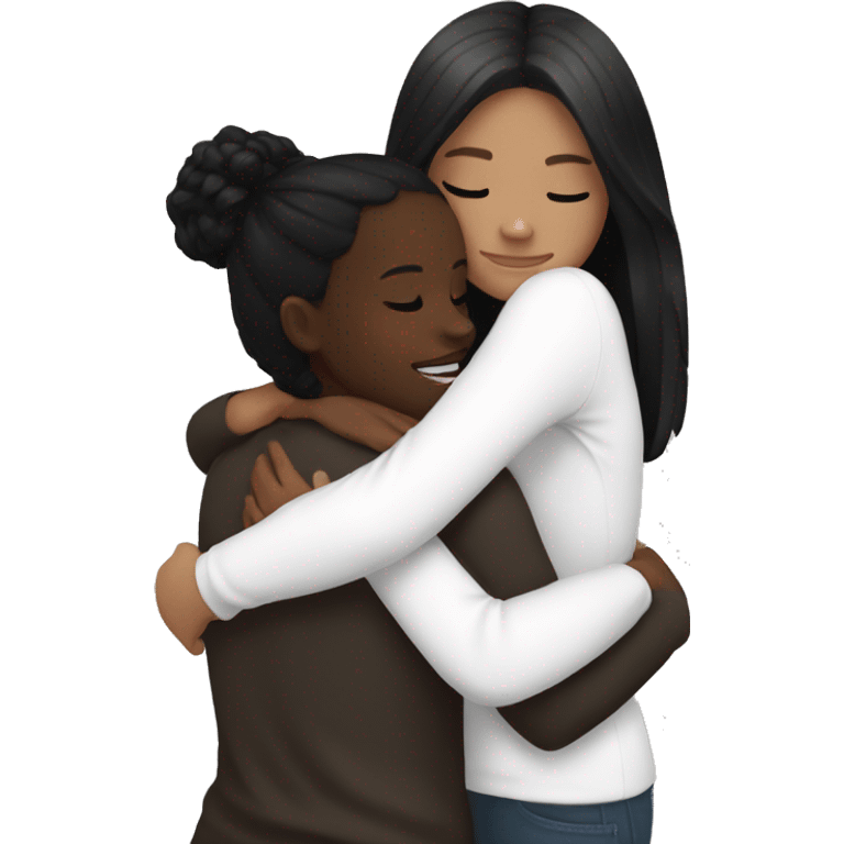 White girl with black hair hugging black girl emoji