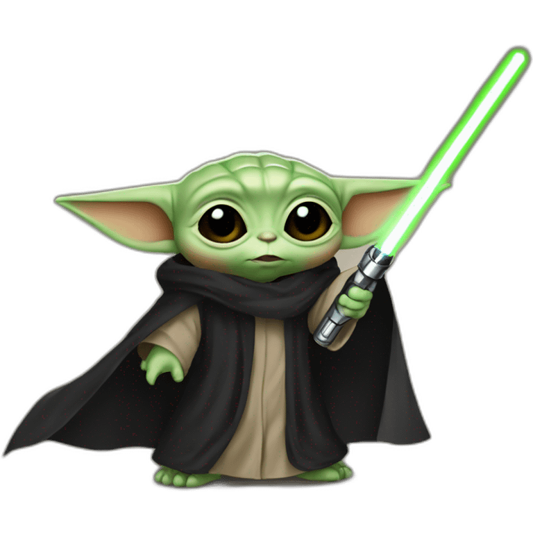 Create a baby Yoda with a lightsaber and a black cape, baby Yoda must be sinister emoji