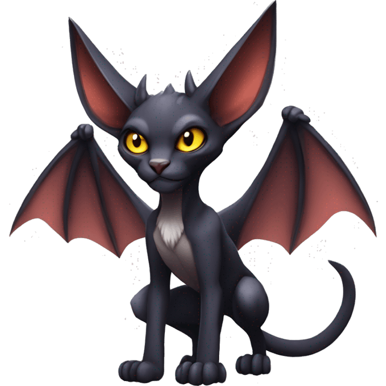 Black cool vampiric Noivern-Litten-Sphynx-Lykoi-Caracal-Fakemon with big bat ears full-body emoji