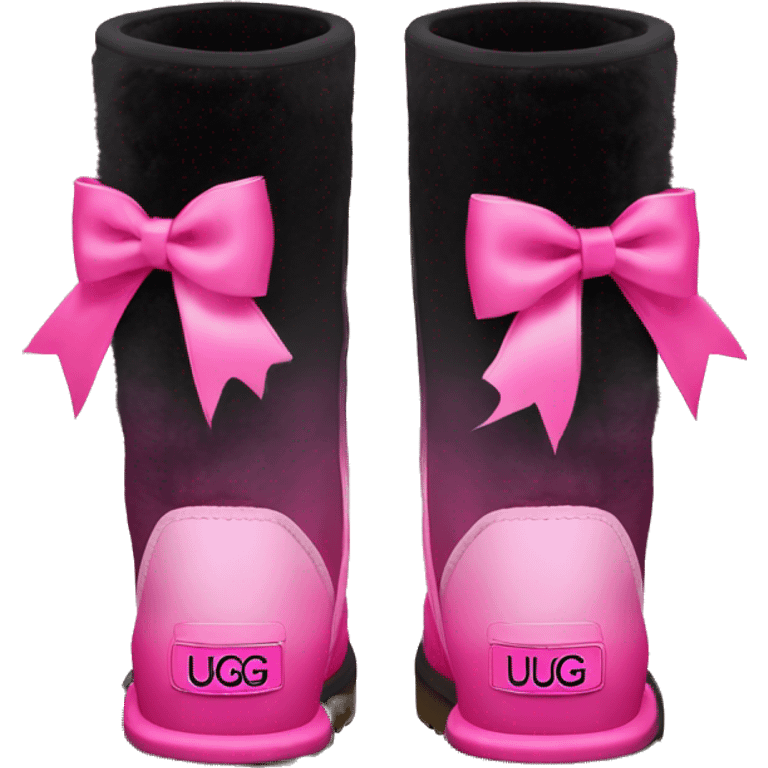 Pair of black and hot pink ombre Ugg fur boots with pink silk ribbon bows. emoji