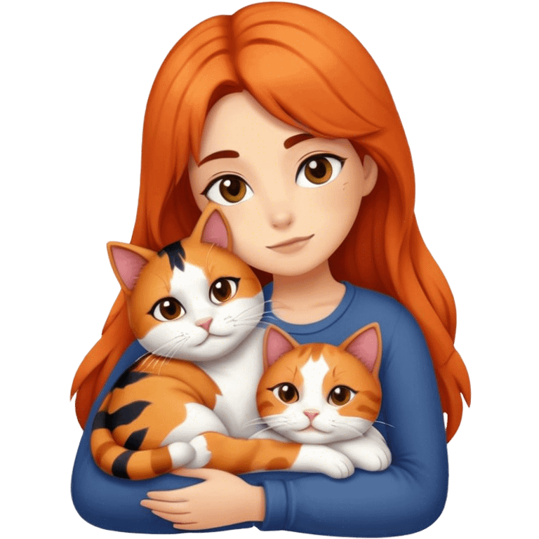 auburn girl snuggling a calico cat emoji