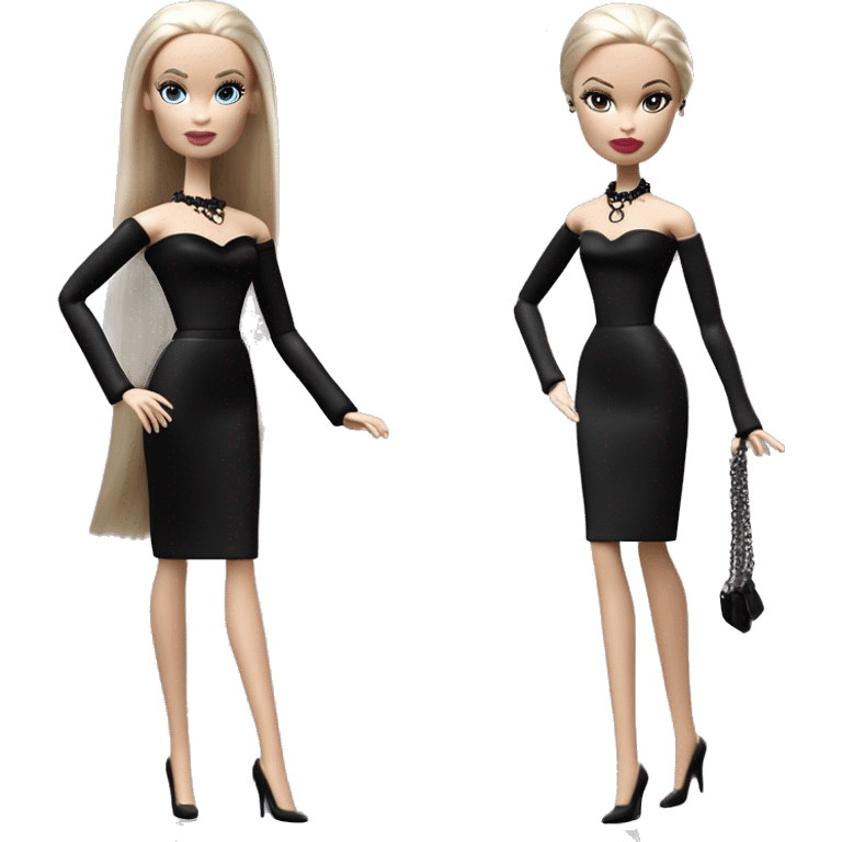  Elegant witch Wednesday Addams Barbie.  Small very light skin face. Earrings with matching necklaces Long silky hair. black flowing strapless tight evening gown neckline that’s off-the-shoulders shows her legs and black high heel shoes. emoji