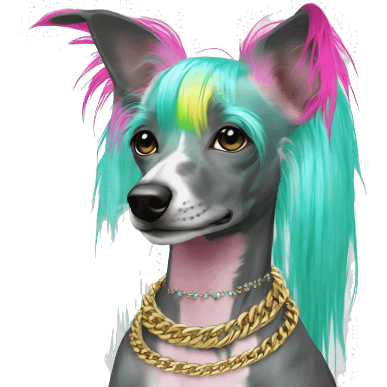 Punk Chinese crested dog neon rainbow cyan green pink hair gold chain punk piercings tattoos punk ear piercings emoji