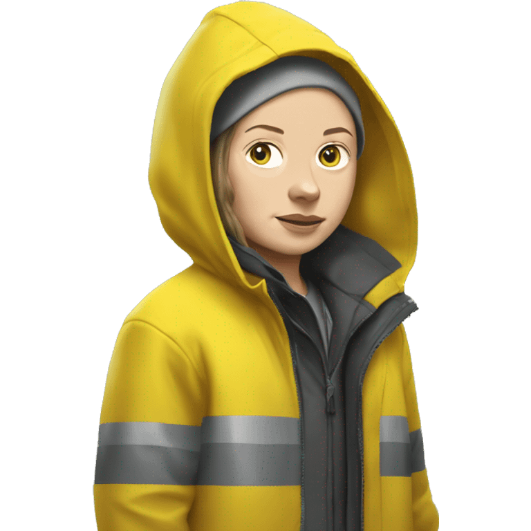 Greta Thunberg with a yellow raincoat ,grey beenie with a sign emoji