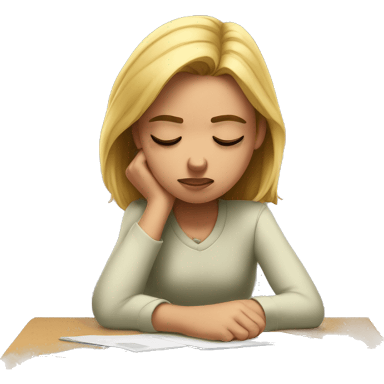 Girl with head down on desk frowning emoji