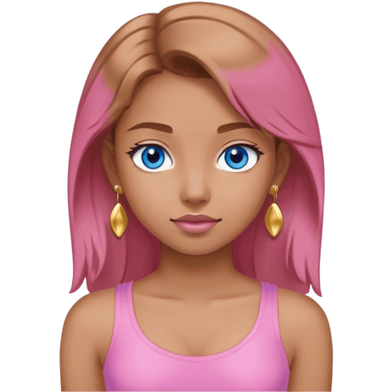 Young girl wearing a pink tight top, with light brown hair , blue eyes and gold earrings  emoji