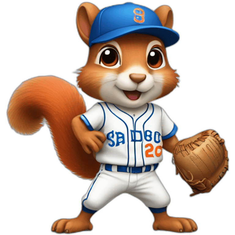 Squirrel dressed as a baseball player with blue and orange colors emoji