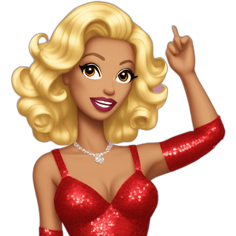 Rupaul’s drag race, drag queen, red sequin dress, holding right arm in the air emoji