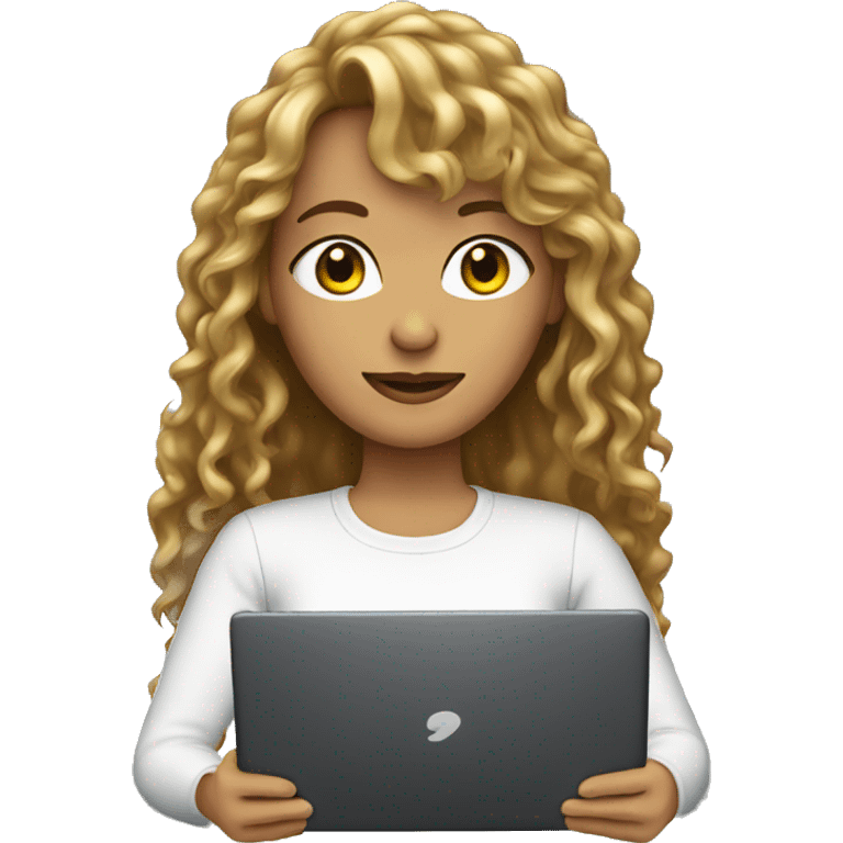 A woman with long permed hair with bangs holding a laptop emoji