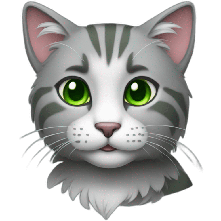 a cat with green eyes and gray fur holding a heart in its paws. emoji