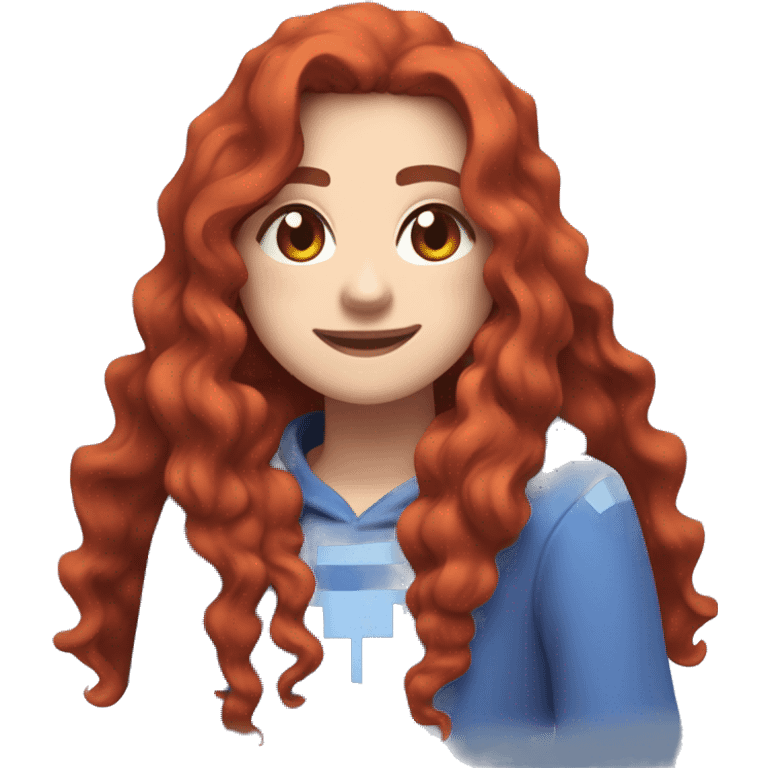 a white girl with long red curly hair and freckles, wearing periwinkle Minecraft hoodie playing a videogame smiling emoji