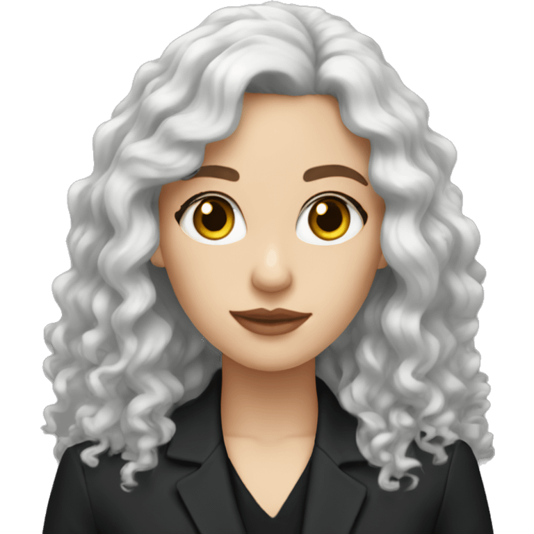 White girl with black curly long hair in wearing black blazer and black shirt  emoji