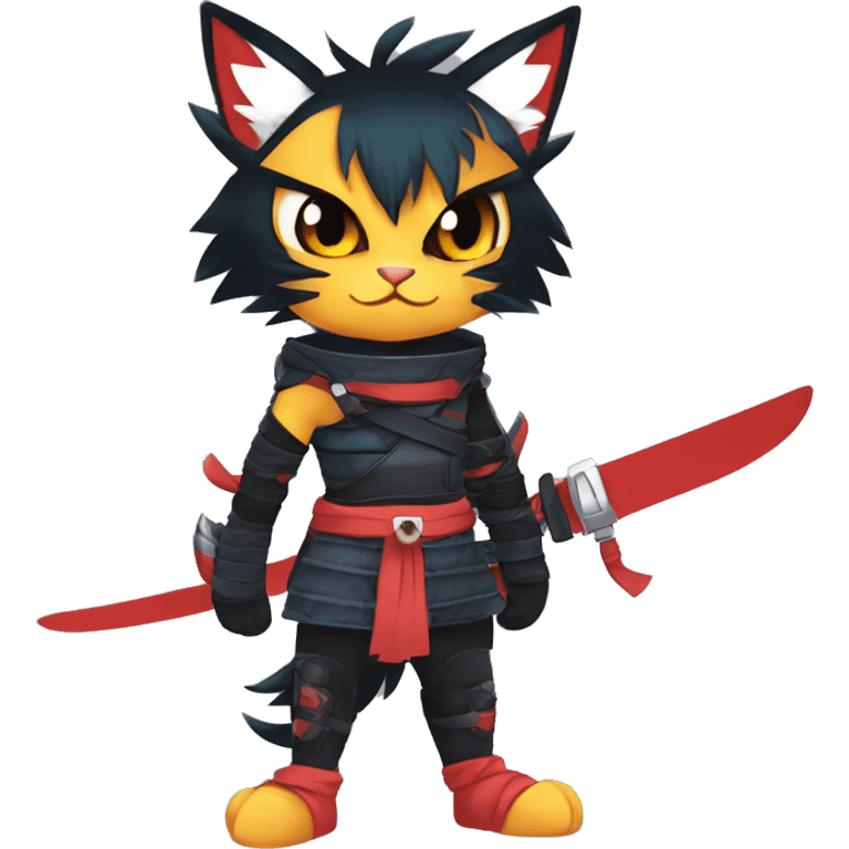 Edgy Shiny Anthro Samurai cool pretty dark Litten-Pokémon-cat-fursona-animal techwear Bandages gloves socks emoji