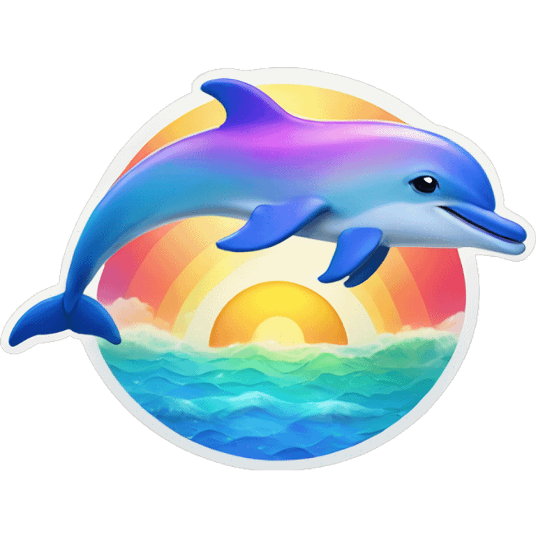 Dolphin with sunset behind with rainbows in the ocean  emoji