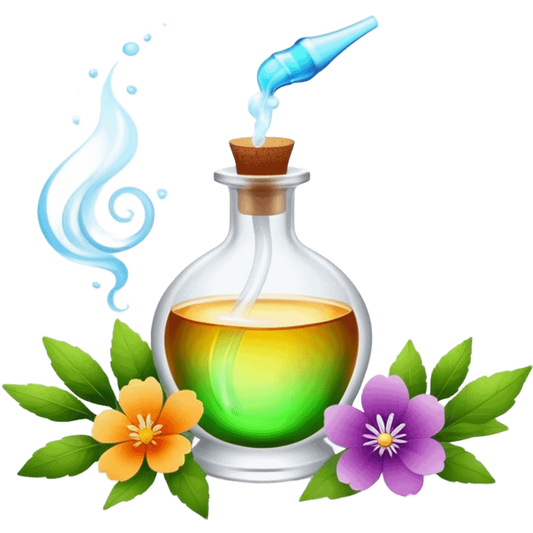 Perfume making icon, delicate glass bottle being filled with colorful essential oils from droppers, swirling mist rising from the bottle, flowers and herbs nearby, minimalistic style, clean lines, transparent background. emoji