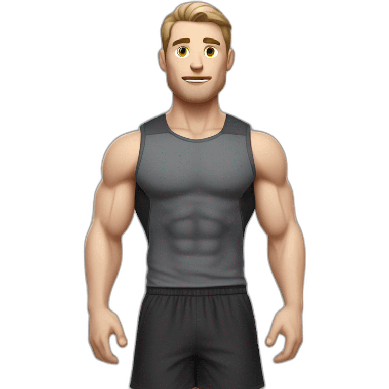 Pale skinned Fit Man With the biceps and dark brown hair in black shirt, gray sports shorts and white Sneakers Relies on the crossbar emoji