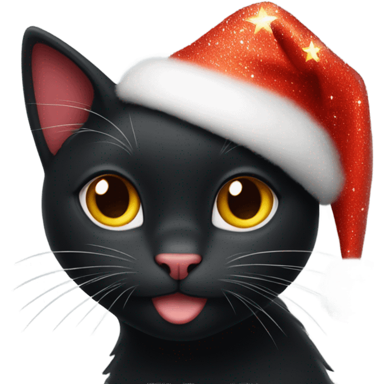 Sparkly black cat wearing a star a red Christmas hat emoji