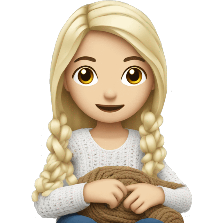 white blond Girl sitting doing crochet emoji