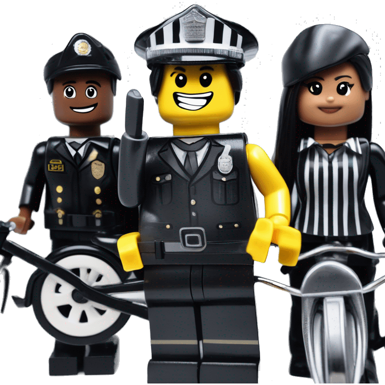 Lego, Jeffery New York Evening Gown Barbie, Wednesday Addams from academy, in vertically-striped dark-gray and black police officer’s uniform with small hat. Leaning back at the hips, riding a wheelie on a hot rod bike smiling  emoji