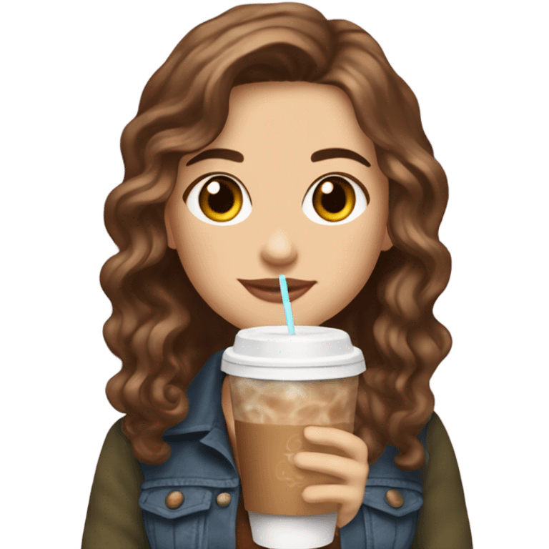 Full body aesthetic white girl with brown wavy hair and brown eyes sipping an iced americano in a cute coffee shop  emoji