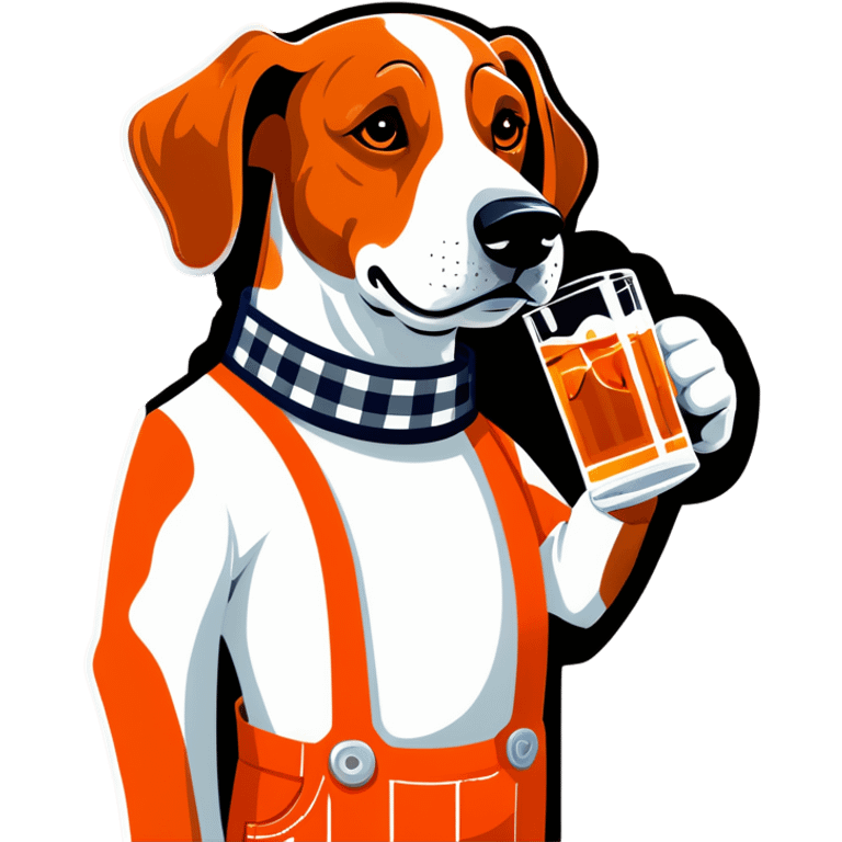 Hound dog in tangerine and white checkered overalls drinking whiskey emoji