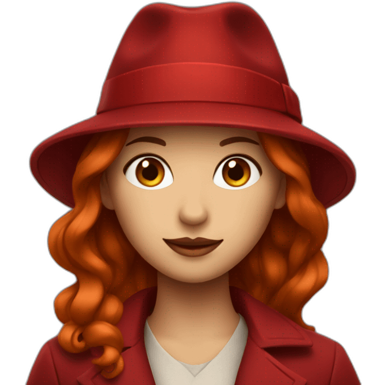 Girl with red over coat and red fedora and dark red hair emoji