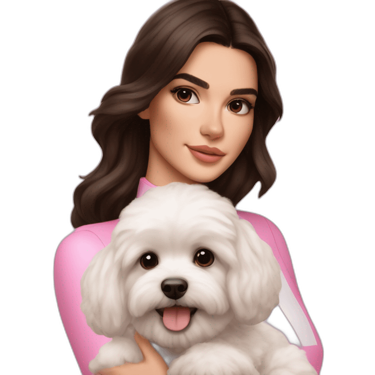 brunette Kendall Jenner with long hair holding on the hands white maltipoo wearing pink collar emoji