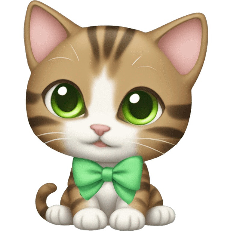 kawaii brown tabby kitten with green eyes and pastel green bow emoji