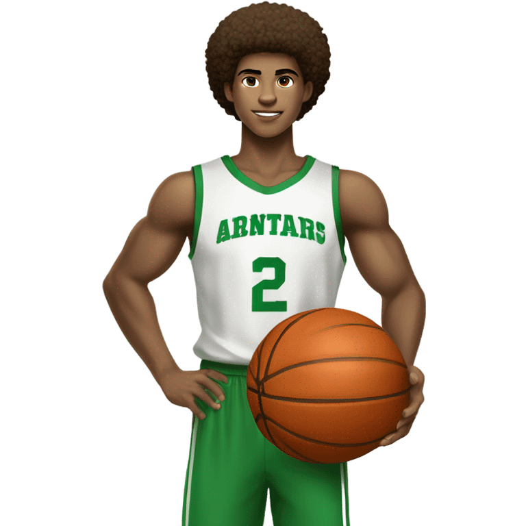 Afro light-skinned muscular  skinned male teenager in a green basketball uniform holding a basketball.  emoji