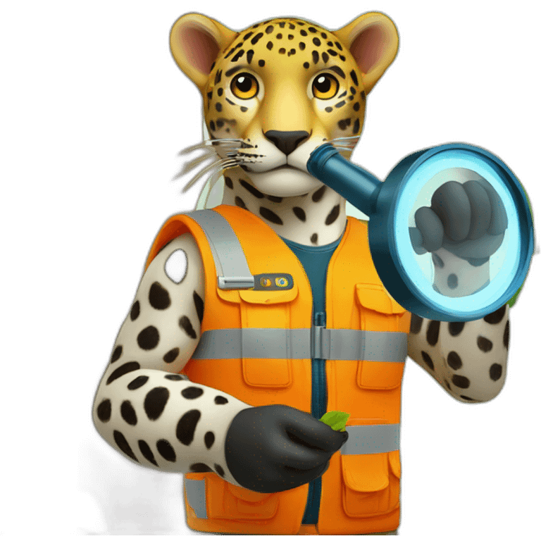 a jaguar in a high visibility orange vest, inspecting a tree with a magnifying glass emoji