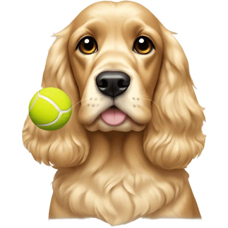 A golden cocker spaniel with a tennis ball and a light blonde patch on her head emoji