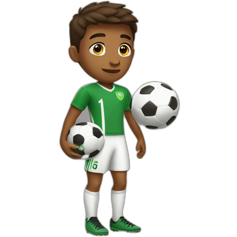 brown boy wearing soccer outfit with a football in his hand emoji