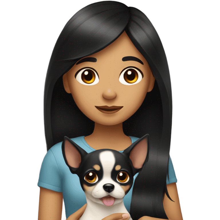 Girl with black hair with a Chihuahua dog￼.  emoji