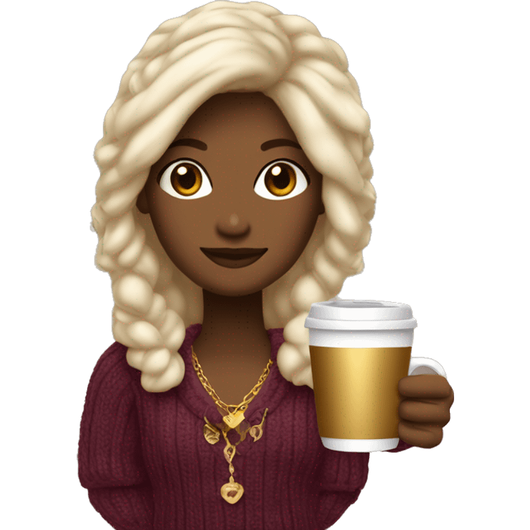 “Design a cozy and rich girl emoji with elegant hair, wearing a plush sweater in a deep, luxurious color. Add gold jewelry and a cup of coffee or tea for a touch of warmth and sophistication.” emoji