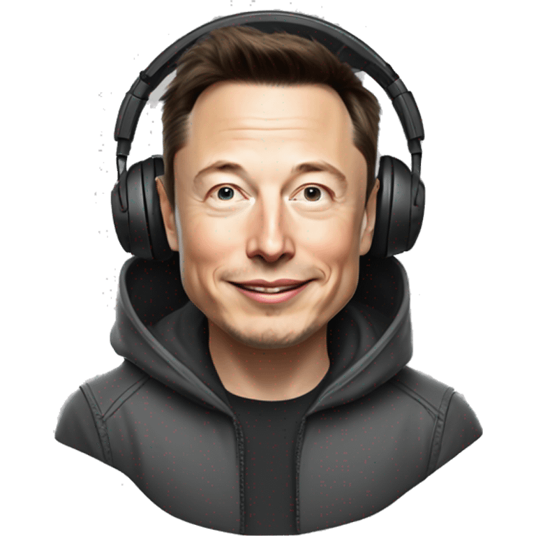 realistic happy Elon musk with hoodie wearing headsets emoji